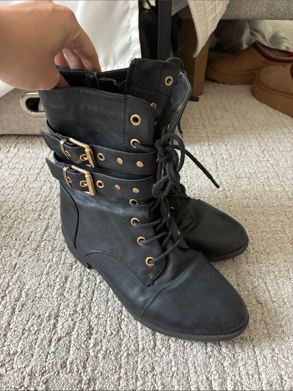 Topshop Black Lace-Up Combat Boots with Gold Buckle Detail